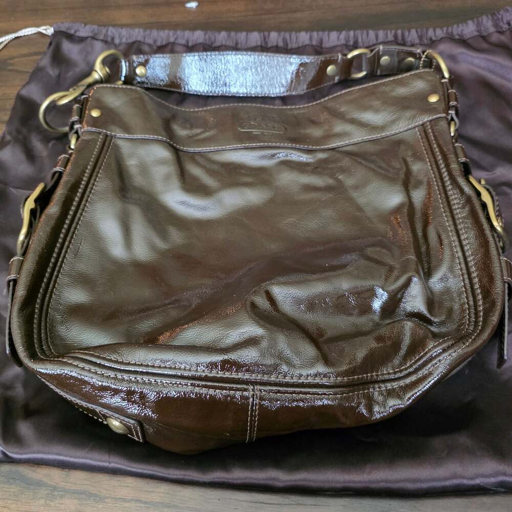 Coach Zoe Hobo Chocolate Brown Patent Leather Shoulder Bag 12776